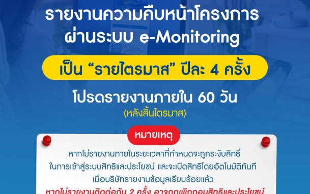 บีโอไอแจ้งปรับกรอบเวลาการรายงานความคืบหน้าโครงการผ่านระบบ e-Monitoring